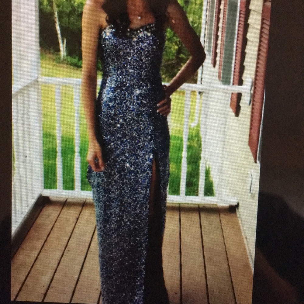 Blue sequined prom dress.